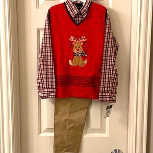 Kids Red Reindeer Sweater Vest, shirt, trouser  set size 7